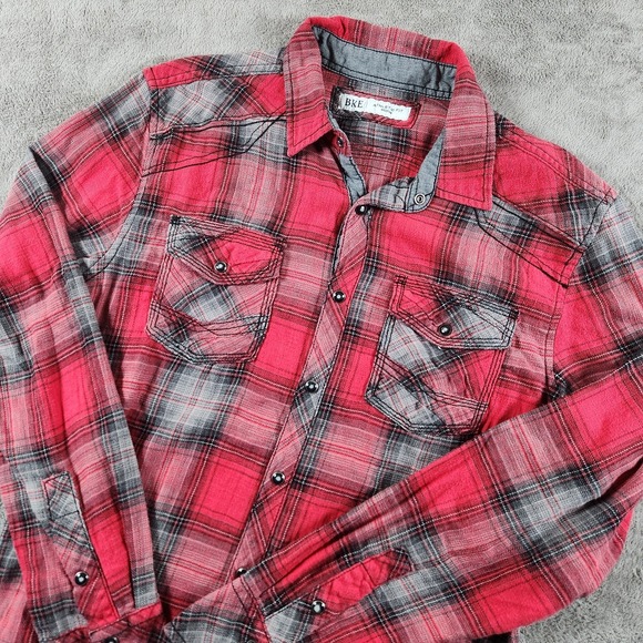Buckle Other - BKE Athletic Fit Plaid Flannel Shirt Mens M Medium Red Gray Western Snap Pockets